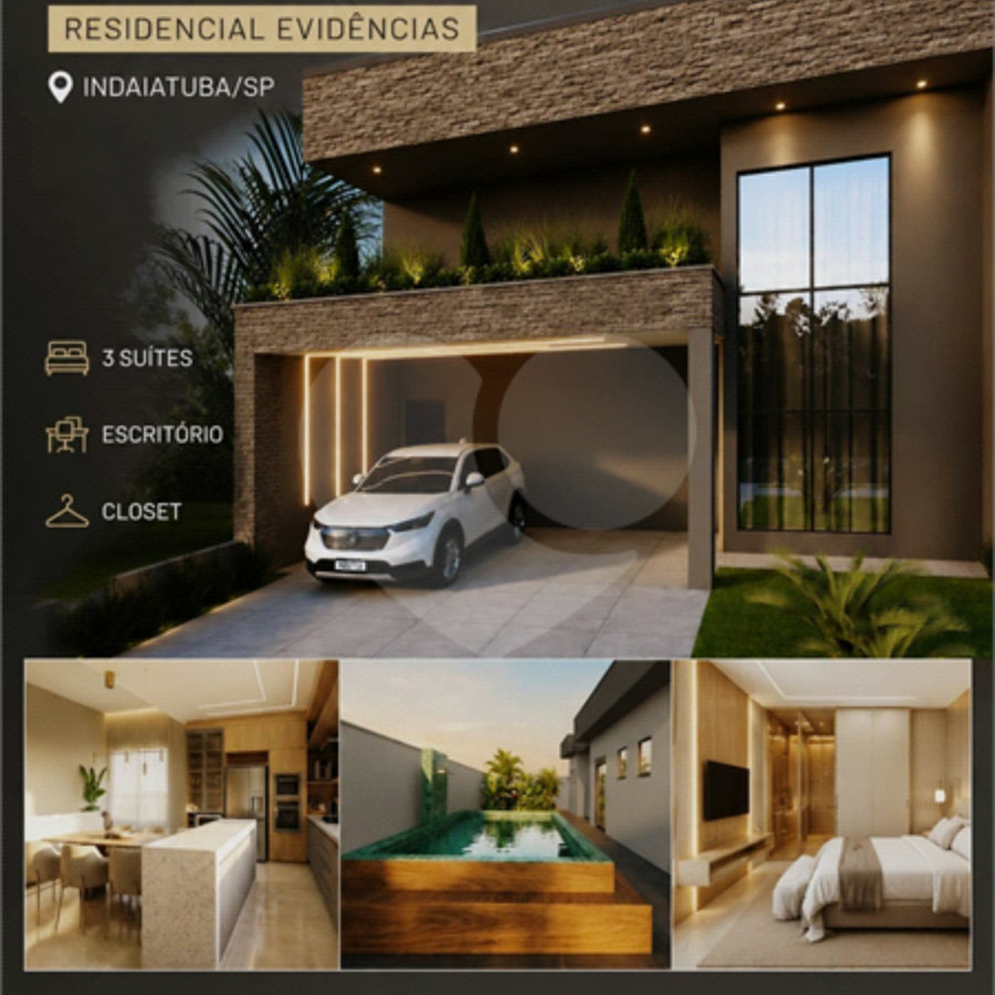 Indaiatuba - Condominio Evidencias - entrega prevista outubro-2026 -Esse belíssimo imóvel conta com 3 suítes, sendo a master com closet; salas de pé direito alto em conceito aberto, integrando os ambientes sala de jantar, estar e cozinha americana. garagem para 4 carros, 2 cobertos; piscina com pra