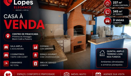 Sobrado à venda com 3 quartos, sendo 1 suíte,  no Centro, Piracicaba, SP