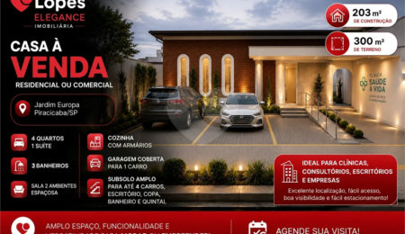 Casa à venda com 4 quartos, sendo 1 suíte,  em Jardim Europa, Piracicaba, SP