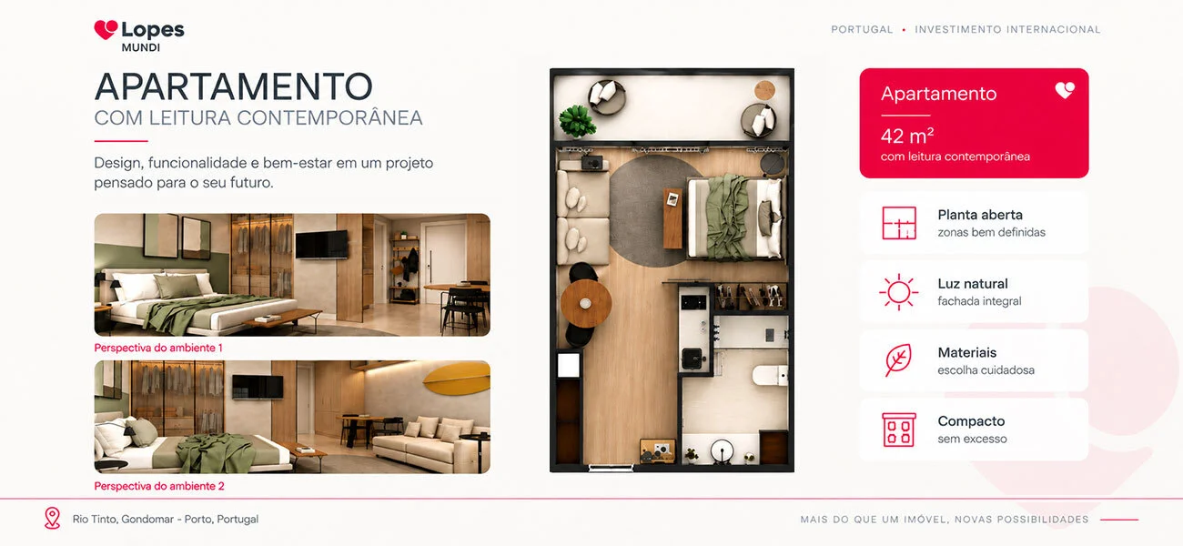 Apartamento de 42 m² com leitura contemporânea: perspectivas dos ambientes e planta