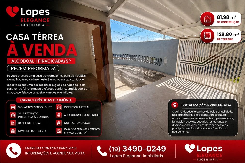 CASA TÉRREA À VENDA | ALGODOAL | PIRACICABA/SP | RECÉM REFORMADA
