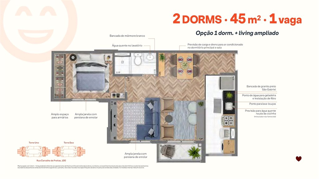 45m² - 2 dorm / 1 vaga