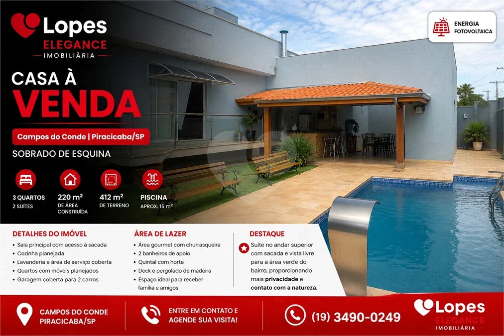 Casa à Venda | Campos do Conde | Piracicaba/SP - SOBRADO DE ESQUINA | 3 QUARTOS | 2 SUÍTES | PISCINA