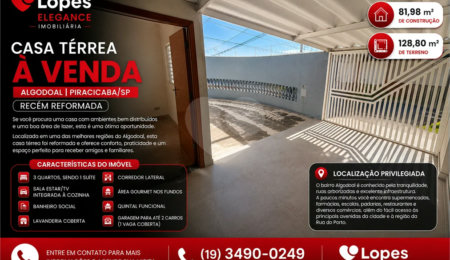 Casa à venda com 3 quartos, sendo 1 suíte, em Jardim Algodoal, Piracicaba, SP