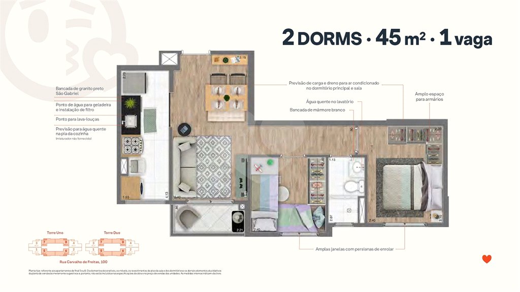 45m² - 2 dorm / 1 vaga