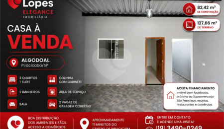 Casa à venda com 2 quartos, sendo 1 suíte, em Jardim Algodoal, Piracicaba, SP