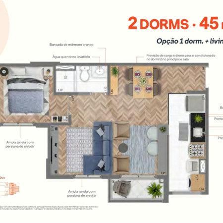 45m² - 2 dorm / 1 vaga