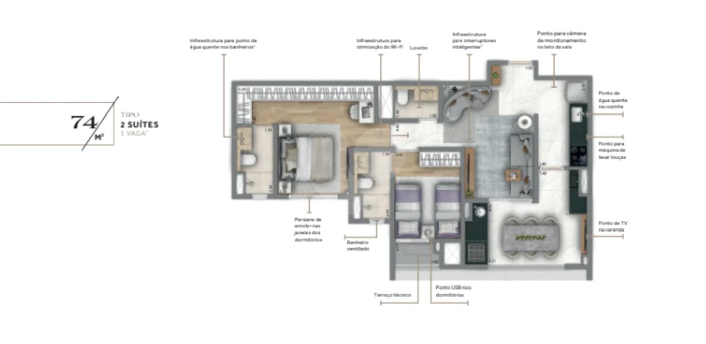 Apartamento com 75 m2, 2 dorms, 1 vaga no Alto da Moóca