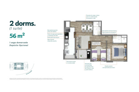 56m² - 2d/1s - Vaga determinada