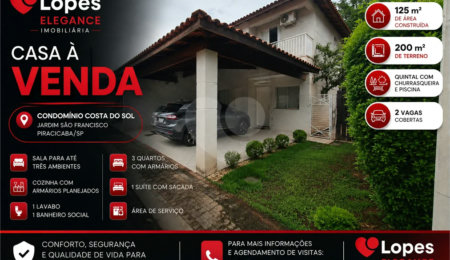 Casa à venda com 3 quartos, sendo 1 suíte, no condomínio Residencial Costa do Sol, Piracicaba - SP