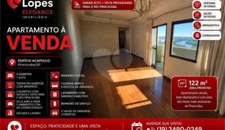 Apartamento à venda com 3 quartos, sendo 1 suíte,  no Centro, Piracicaba, SP