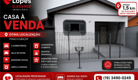 Casa à venda com 2 quartos em Santa Terezinha, Piracicaba, SP